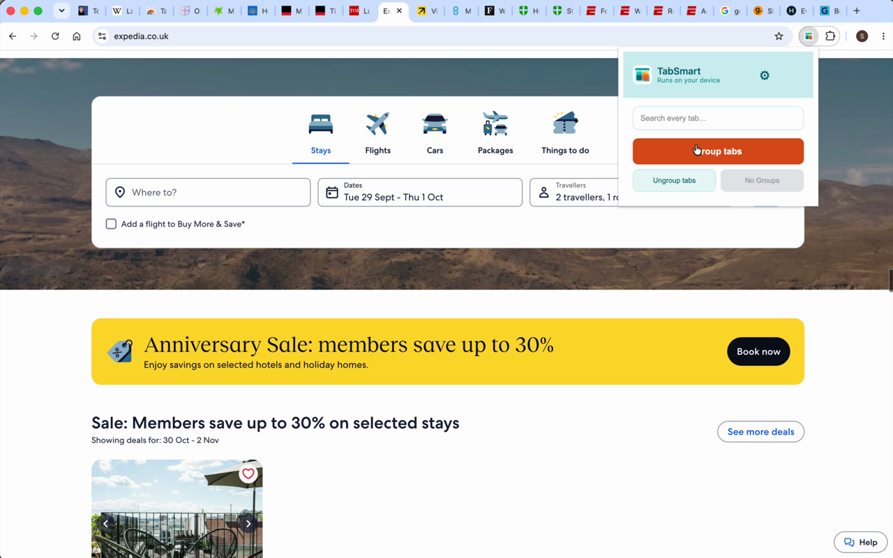 TabSmart popup with one-click Group tabs and search