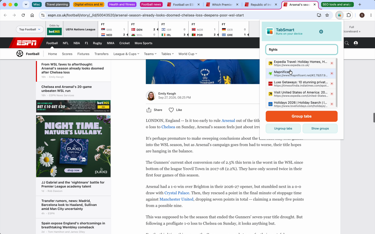 Searching tabs for 'flights' surfaces matching travel tabs