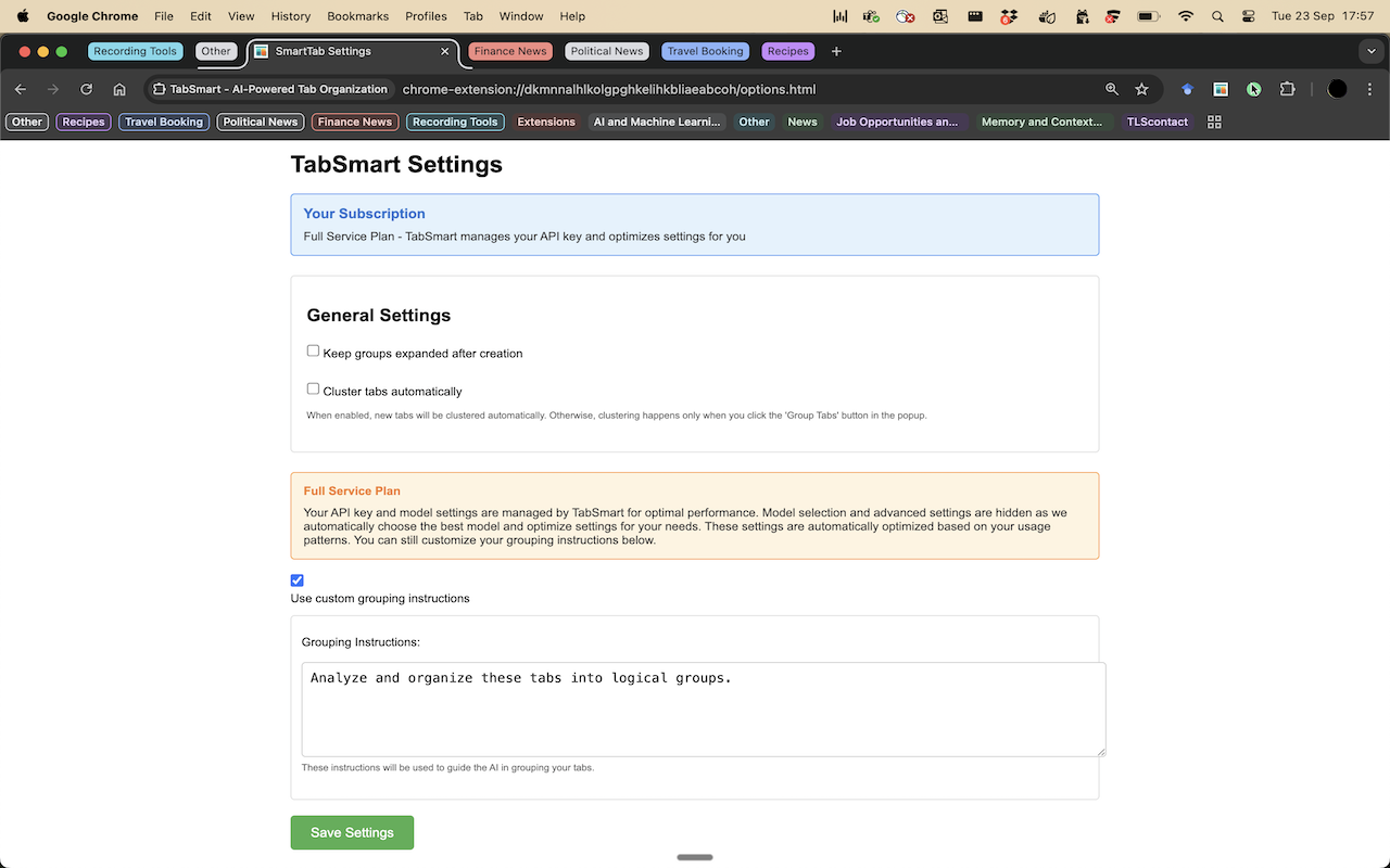 TabSmart settings page 1